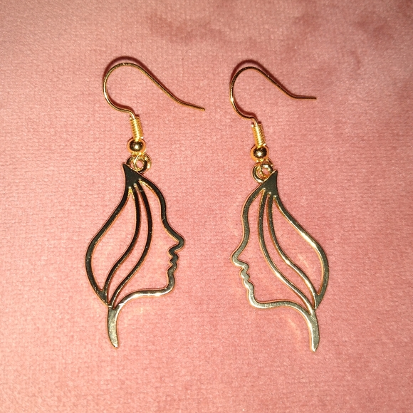 Abstract Woman Face Earrings Artistic Line Art Hair Lady Profile Gold Outline - Picture 2 of 5